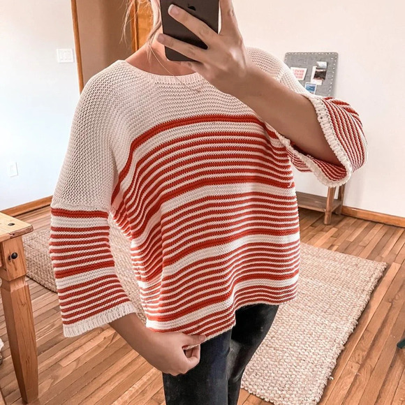 Mes Demoiselles Sweaters - Mes Demoiselles 100% Cotton Knit Striped Wide Quarter Sleeve Pullover Sweater TU